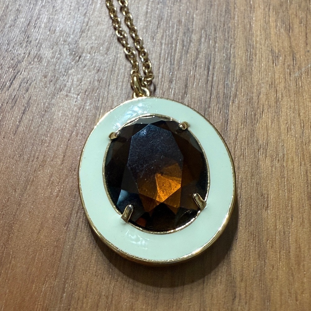 J Crew Long Gold Chain Amber Crystal Ivory Enamel Oval Pendant Necklace